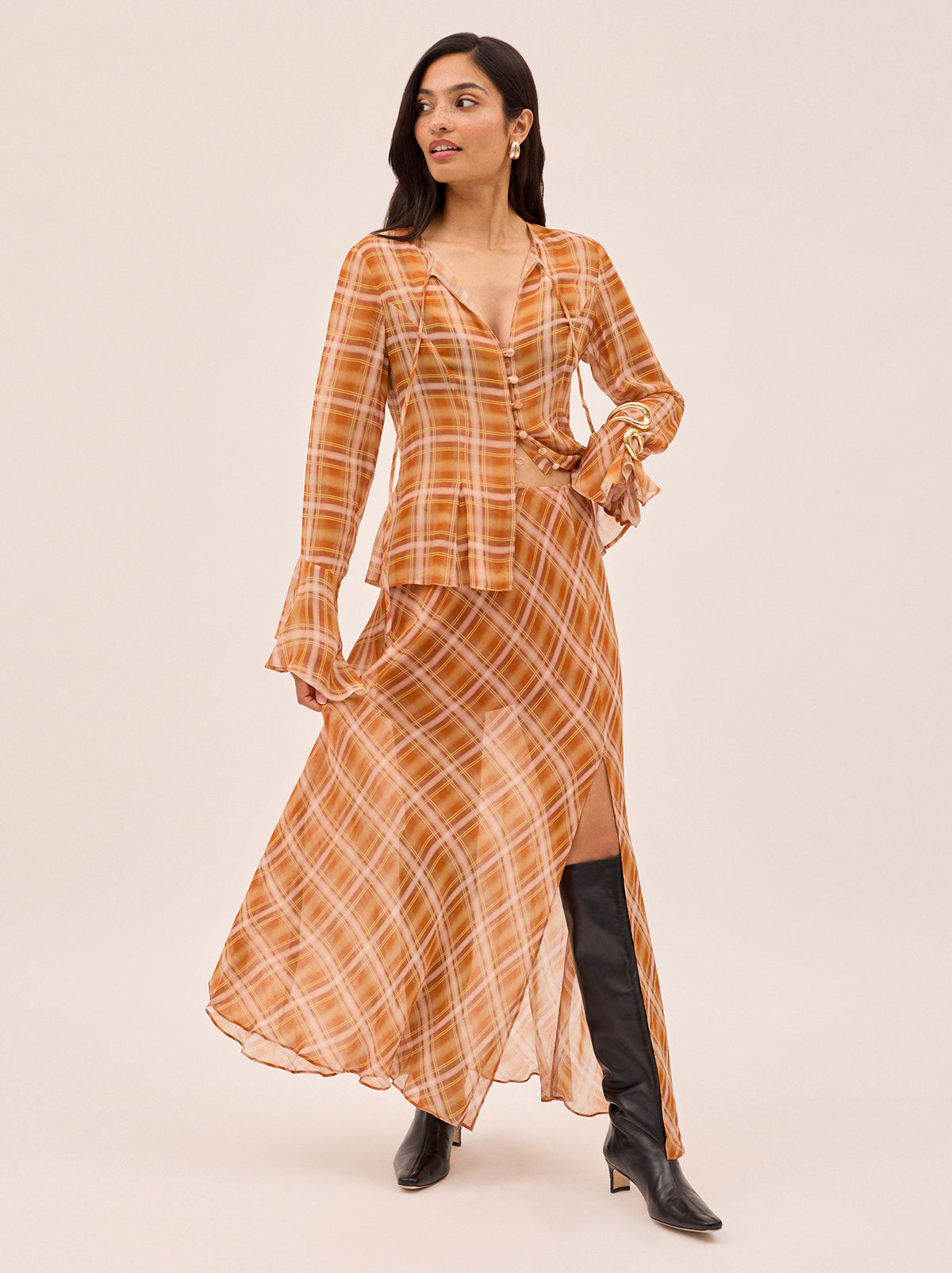 Zoe Apricot Check Print Skirt
